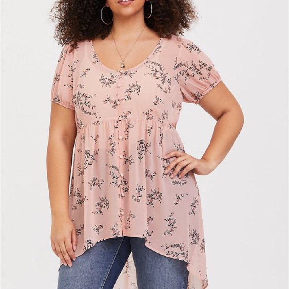 Torrid "LEXIE" - Pink Floral Chiffon Babydoll Tunic size 00